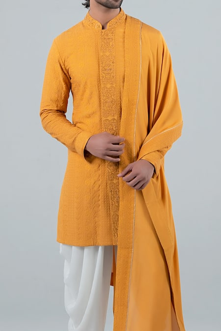 Shop_Punit Arora_Yellow Modal Floral Cuff Sleeved Embroidered Kurta Set _Online_at_Aza_Fashions