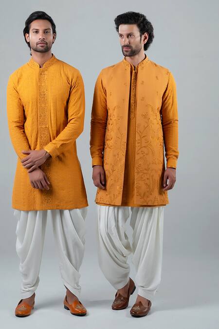 Punit Arora_Yellow Matka Silk, Modal Floral Embroidered Long Bundi And Kurta Set _Online_at_Aza_Fashions
