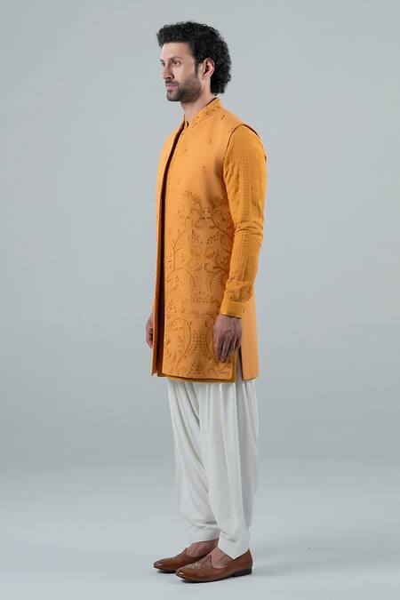 Buy_Punit Arora_Yellow Matka Silk, Modal Floral Embroidered Long Bundi And Kurta Set _Online_at_Aza_Fashions
