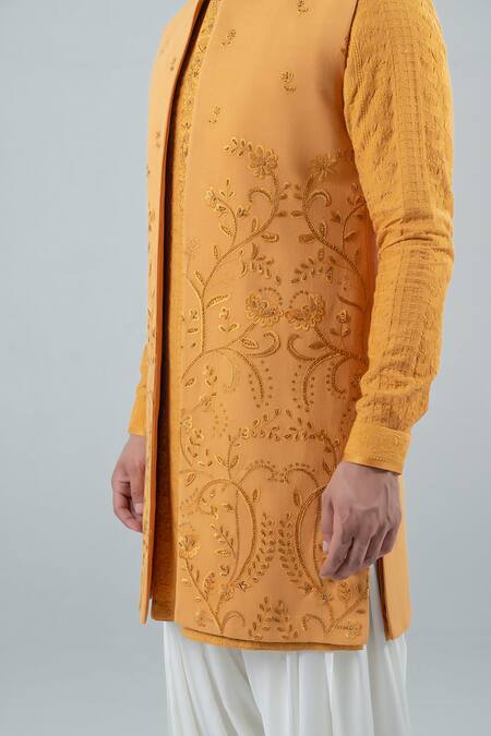 Shop_Punit Arora_Yellow Matka Silk, Modal Floral Embroidered Long Bundi And Kurta Set _Online_at_Aza_Fashions