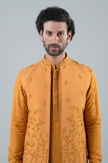 Punit Arora_Yellow Matka Silk, Modal Floral Embroidered Long Bundi And Kurta Set _at_Aza_Fashions
