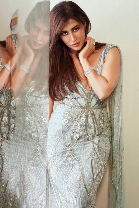 Buy_Bhawna Rao_Blue Silk, Tulle Crystals, Beads Plunge Neck Hand Embroidered Gown _Online_at_Aza_Fashions