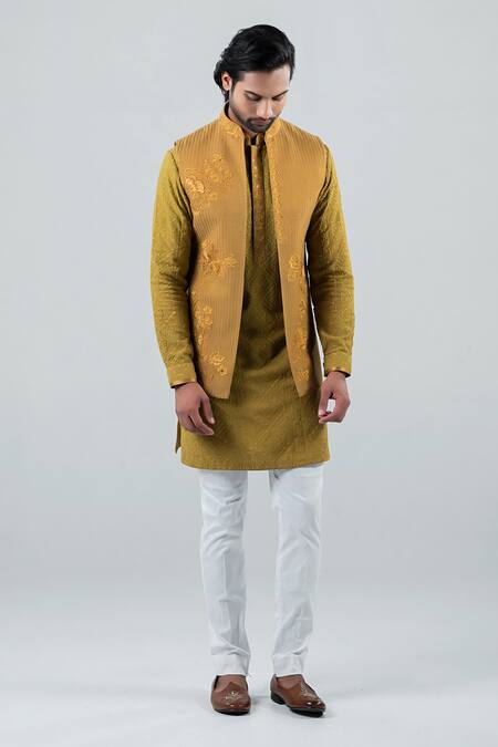 Punit Arora_Green Matka Silk, Modal Floral, Linear Embroidered Bundi And Kurta Set _Online_at_Aza_Fashions