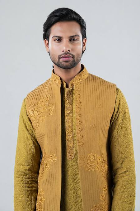 Buy_Punit Arora_Green Matka Silk, Modal Floral, Linear Embroidered Bundi And Kurta Set _Online_at_Aza_Fashions