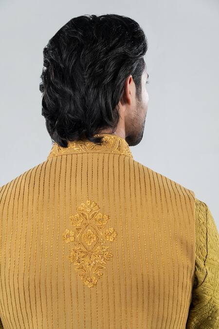 Shop_Punit Arora_Green Matka Silk, Modal Floral, Linear Embroidered Bundi And Kurta Set _Online_at_Aza_Fashions