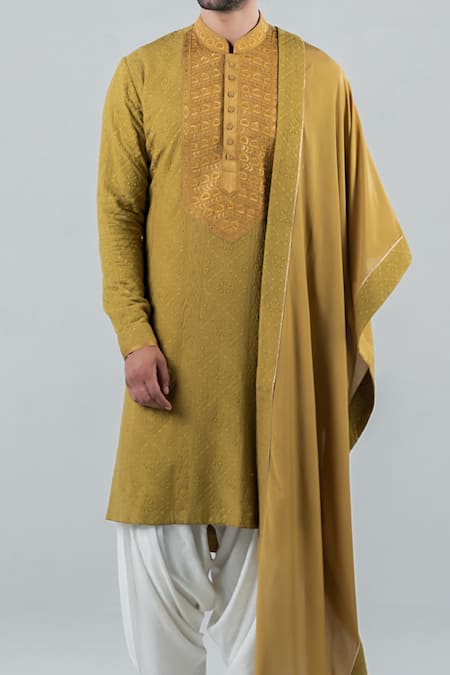 Shop_Punit Arora_Green Modal Floral, Geometric Embroidered Kurta Set _Online_at_Aza_Fashions