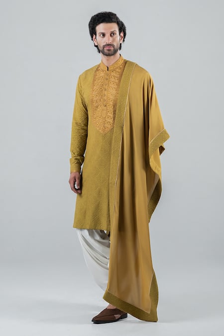 Punit Arora_Green Modal Floral, Geometric Embroidered Kurta Set _Online_at_Aza_Fashions