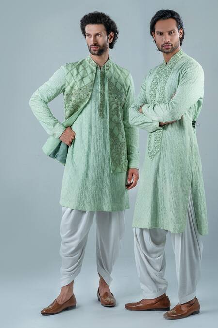 Punit Arora_Green Matka Silk, Modal Floral, Geometric Embroidered Bundi And Kurta Set _Online_at_Aza_Fashions