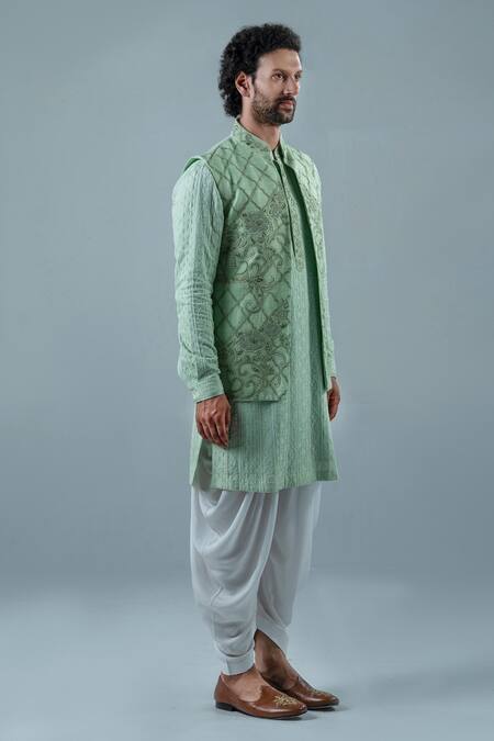 Buy_Punit Arora_Green Matka Silk, Modal Floral, Geometric Embroidered Bundi And Kurta Set _Online_at_Aza_Fashions