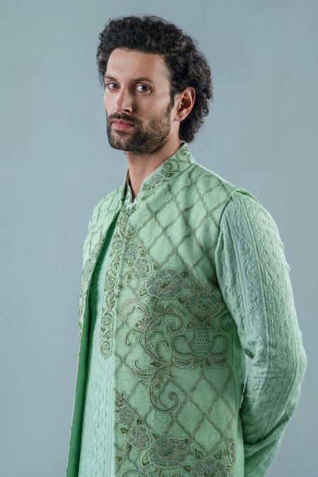 Shop_Punit Arora_Green Matka Silk, Modal Floral, Geometric Embroidered Bundi And Kurta Set _Online_at_Aza_Fashions