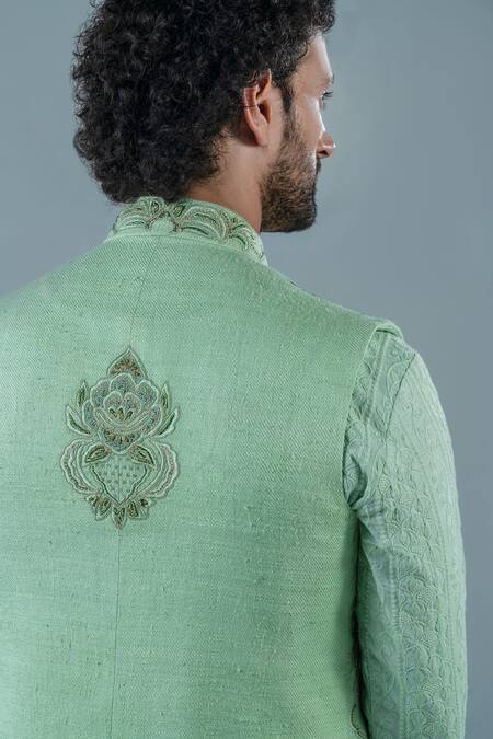 Punit Arora_Green Matka Silk, Modal Floral, Geometric Embroidered Bundi And Kurta Set _at_Aza_Fashions