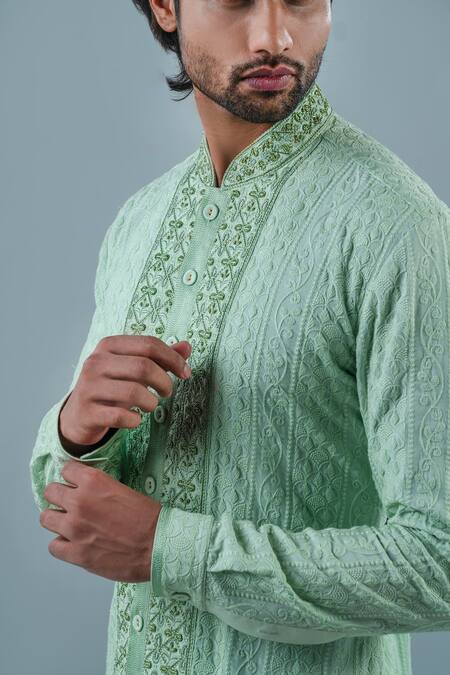 Punit Arora_Green Modal Floral Mandarin Collar Kurta Set _Online_at_Aza_Fashions