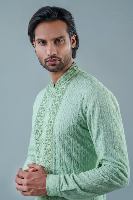 Buy_Punit Arora_Green Modal Floral Mandarin Collar Kurta Set _Online_at_Aza_Fashions