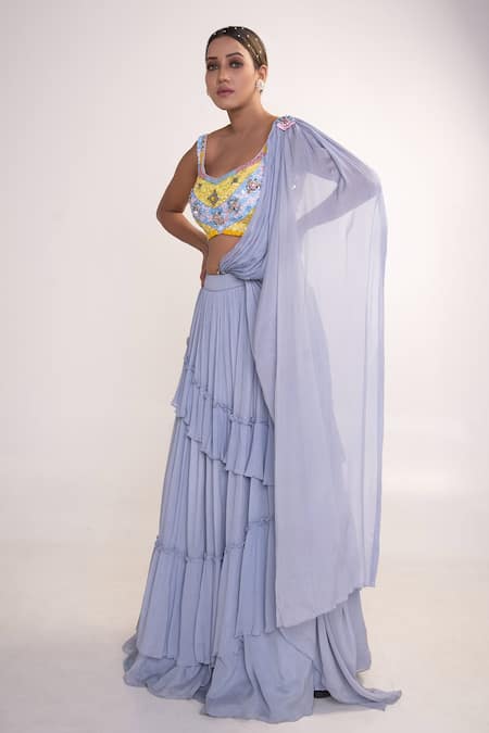Merge Design_Blue Georgette, Chiffon Sequins Embroidered Blouse And Tiered Lehenga Set _Online_at_Aza_Fashions