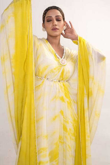 Merge Design_Yellow Chiffon, Crepe Embroidery V-neck Tie Dye Kaftan With Belt _Online_at_Aza_Fashions