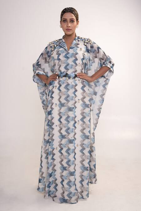 Merge Design_Multi Color Georgette, Crepe Embroidery Collared Chevron Print Kaftan With Belt_Online_at_Aza_Fashions