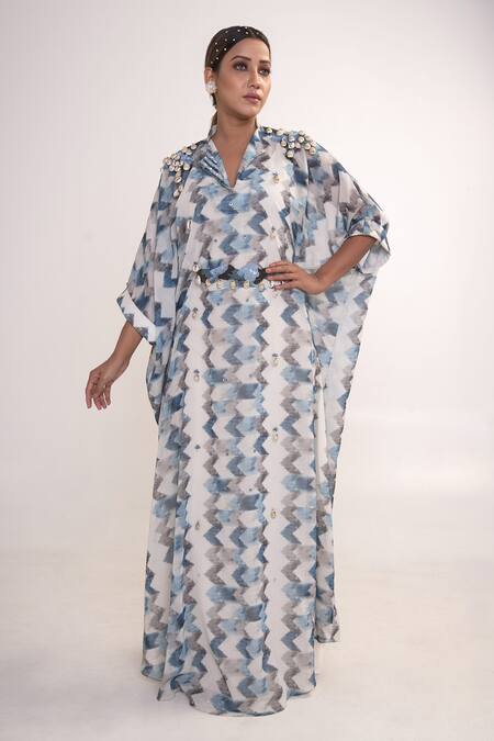 Buy_Merge Design_Multi Color Georgette, Crepe Embroidery Collared Chevron Print Kaftan With Belt_Online_at_Aza_Fashions