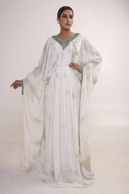Merge Design_White Georgette, Crepe Sequins, Stones Neckline Embroidered Kaftan With Belt _Online_at_Aza_Fashions