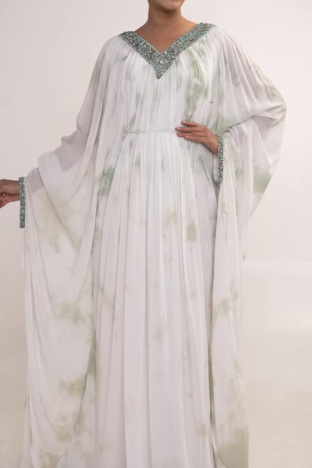 Merge Design_White Georgette, Crepe Sequins, Stones Neckline Embroidered Kaftan With Belt _at_Aza_Fashions