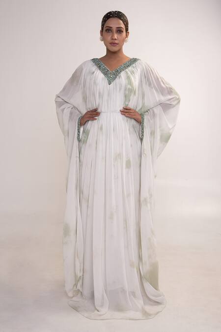 Buy_Merge Design_White Georgette, Crepe Sequins, Stones Neckline Embroidered Kaftan With Belt _Online_at_Aza_Fashions