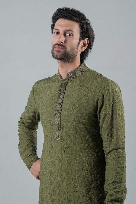 Punit Arora_Green Matka Silk, Modal Thread Work Sleeveless Long Bundi And Kurta Set _Online_at_Aza_Fashions