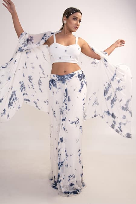 Merge Design_White Georgette, Crepe Pearls Scoop Neck, Open Tie Dye Shrug And Flared Pant Set _Online_at_Aza_Fashions