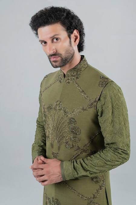 Buy_Punit Arora_Green Matka Silk, Modal Thread Work Sleeveless Long Bundi And Kurta Set _Online_at_Aza_Fashions