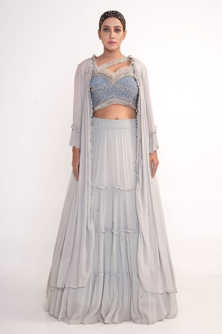 Merge Design_Blue Top Net Embroidery Sequin Shrug Open Chiffon Lehenga Set _Online_at_Aza_Fashions