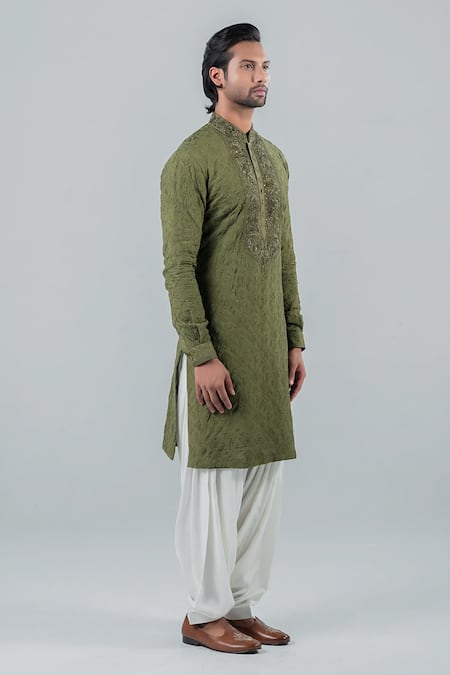 Punit Arora_Green Modal Thread Work Embroidered Kurta Set _Online_at_Aza_Fashions