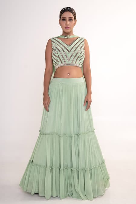 Merge Design_Green Chiffon, Crepe Sequins, Piping V-neck Tiered Lehenga Set _Online_at_Aza_Fashions