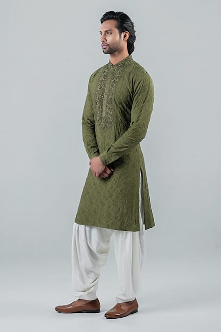 Buy_Punit Arora_Green Modal Thread Work Embroidered Kurta Set _Online_at_Aza_Fashions