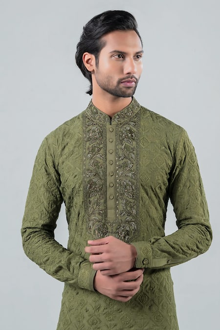 Shop_Punit Arora_Green Modal Thread Work Embroidered Kurta Set _Online_at_Aza_Fashions