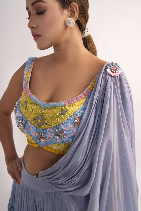 Buy_Merge Design_Blue Georgette, Chiffon Sequins Embroidered Blouse And Tiered Lehenga Set _Online_at_Aza_Fashions
