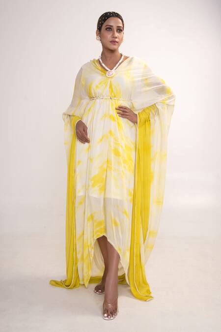 Buy_Merge Design_Yellow Chiffon, Crepe Embroidery V-neck Tie Dye Kaftan With Belt _Online_at_Aza_Fashions