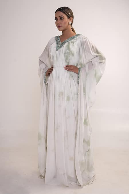 Shop_Merge Design_White Georgette, Crepe Sequins, Stones Neckline Embroidered Kaftan With Belt _Online_at_Aza_Fashions