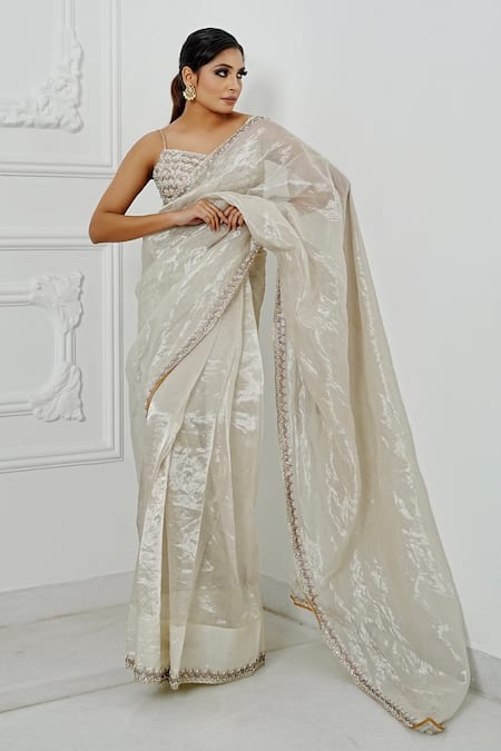 Shop_Amrta By Guneet Kondal_Off White Silk, Viscose Beads Round Neck Hand Embroidered Pre-draped Saree Set _Online_at_Aza_Fashions