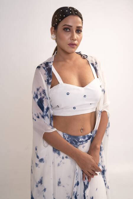 Buy_Merge Design_White Georgette, Crepe Pearls Scoop Neck, Open Tie Dye Shrug And Flared Pant Set _Online_at_Aza_Fashions