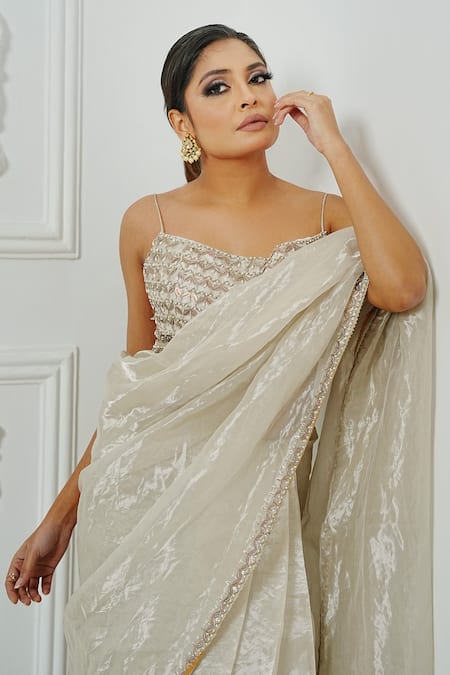 Amrta By Guneet Kondal_Off White Silk, Viscose Beads Round Neck Hand Embroidered Pre-draped Saree Set _at_Aza_Fashions