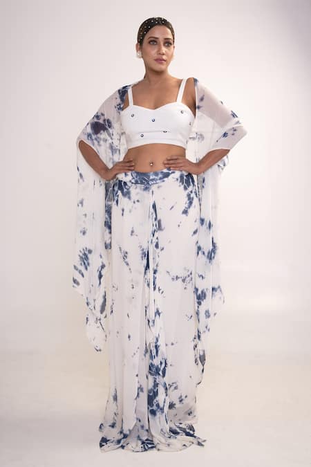 Shop_Merge Design_White Georgette, Crepe Pearls Scoop Neck, Open Tie Dye Shrug And Flared Pant Set _Online_at_Aza_Fashions