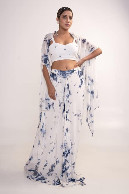 Merge Design_White Georgette, Crepe Pearls Scoop Neck, Open Tie Dye Shrug And Flared Pant Set _at_Aza_Fashions