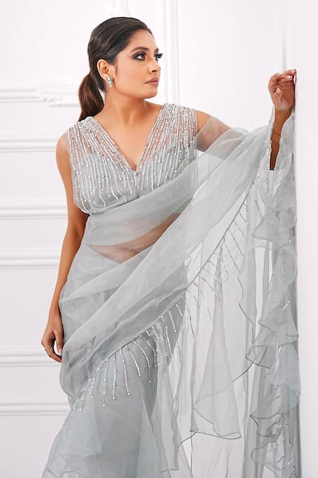 Buy_Amrta By Guneet Kondal_Gray Organza, Chiffon, Viscose Sequins, Grey Hand Embroidered Ruffle Saree Set _Online_at_Aza_Fashions