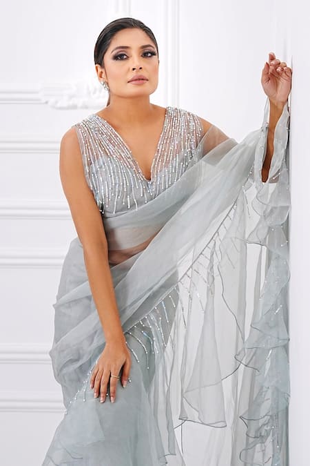 Shop_Amrta By Guneet Kondal_Gray Organza, Chiffon, Viscose Sequins, Grey Hand Embroidered Ruffle Saree Set _Online_at_Aza_Fashions