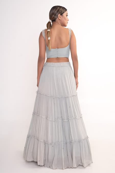 Shop_Merge Design_Blue Top Net Embroidery Sequin Shrug Open Chiffon Lehenga Set _Online_at_Aza_Fashions
