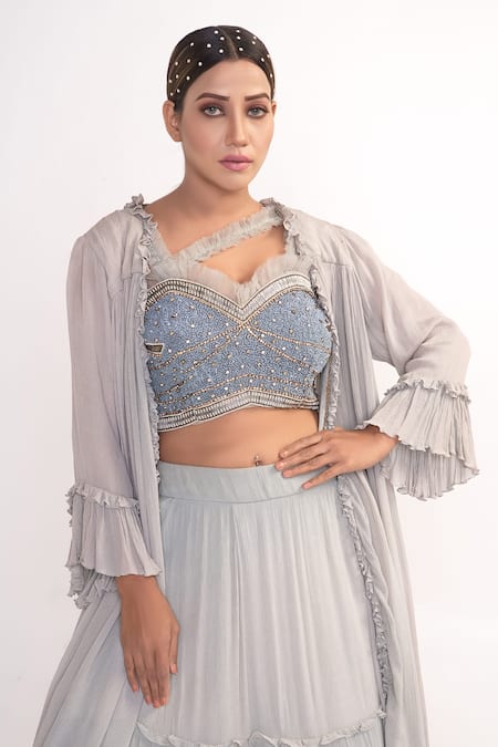 Merge Design_Blue Top Net Embroidery Sequin Shrug Open Chiffon Lehenga Set _at_Aza_Fashions