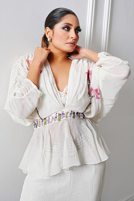 Shop_Amrta By Guneet Kondal_White Viscose Sequins, Pearls V-neck Embroidered Peplum Top And Sharara Set _Online_at_Aza_Fashions