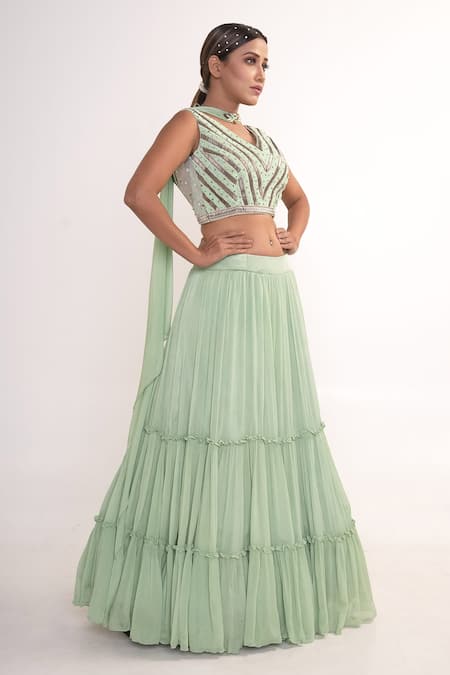 Buy_Merge Design_Green Chiffon, Crepe Sequins, Piping V-neck Tiered Lehenga Set _Online_at_Aza_Fashions