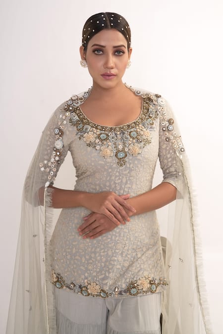 Buy_Merge Design_Blue Georgette, Net, Crepe Stones, Embroidery Round Neck Kurta Sharara Set _Online_at_Aza_Fashions