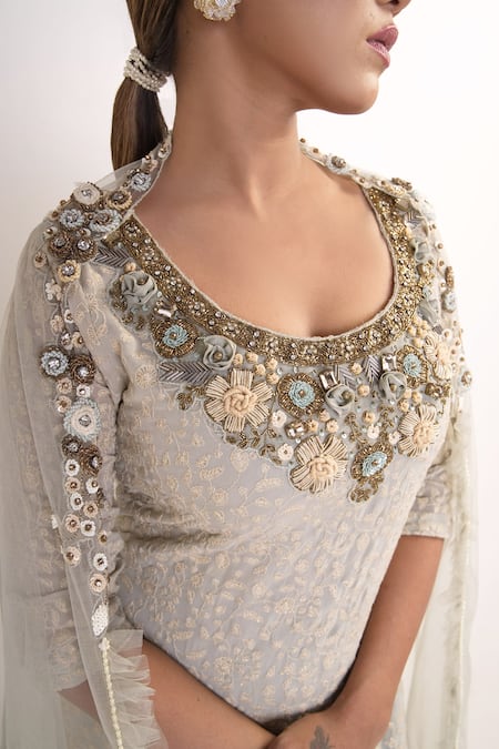 Shop_Merge Design_Blue Georgette, Net, Crepe Stones, Embroidery Round Neck Kurta Sharara Set _Online_at_Aza_Fashions