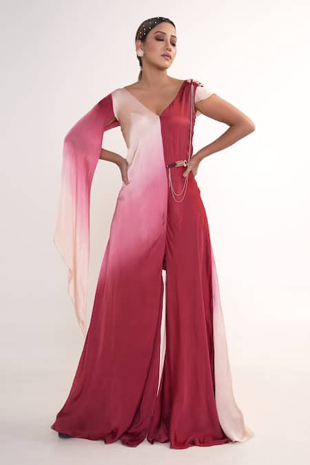 Merge Design_Maroon Modal, Satin, Crepe V-neck Ombre Jumpsuit _Online_at_Aza_Fashions