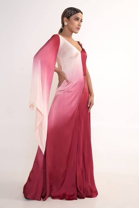 Buy_Merge Design_Maroon Modal, Satin, Crepe V-neck Ombre Jumpsuit _Online_at_Aza_Fashions